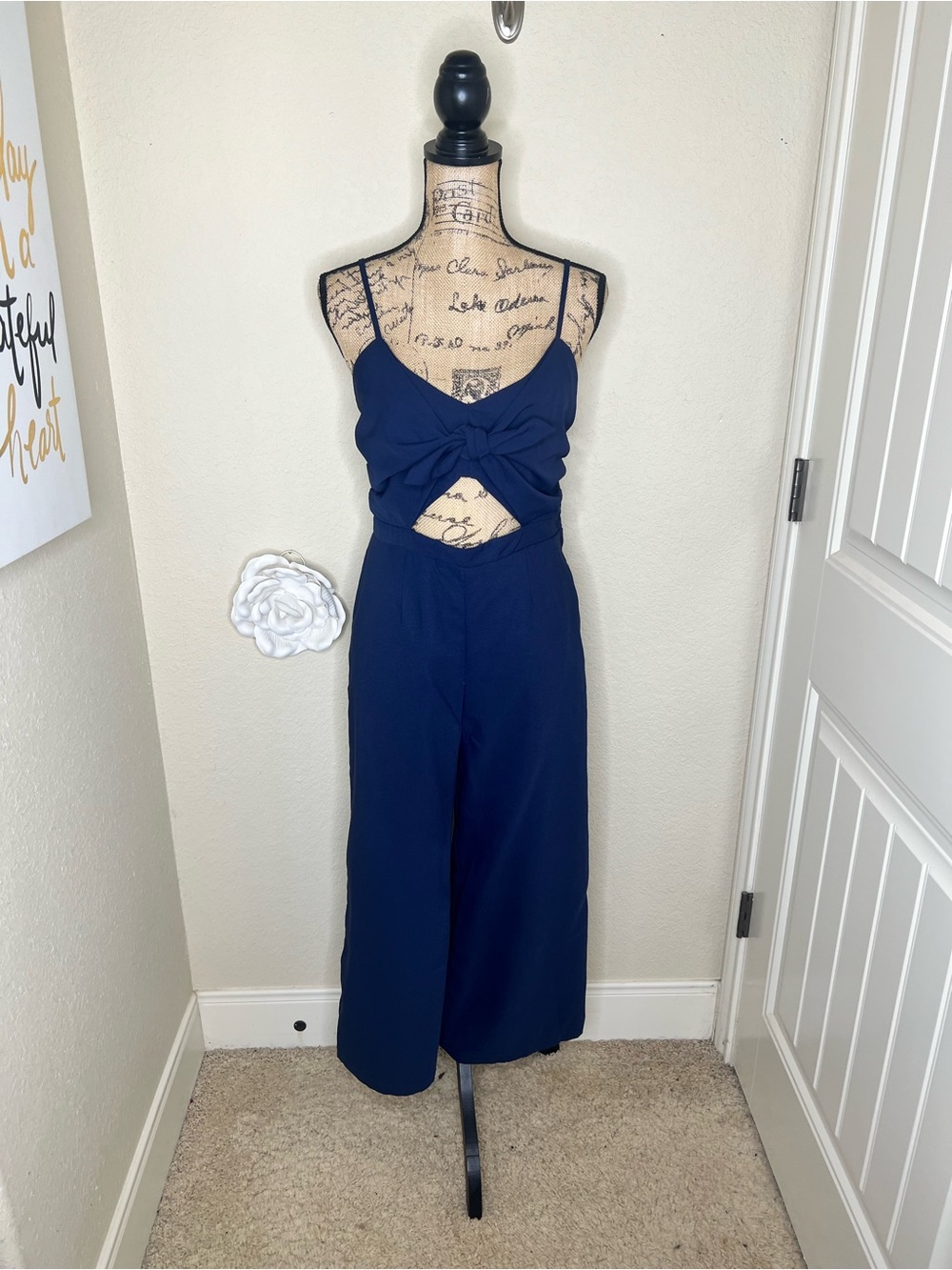 NTM: Main Strip Navy Tie Front Cutout Wide Leg Jumpsuit NWT L